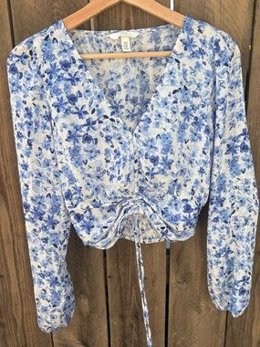 H&M Blue and White Floral Drawstring Wrap Top